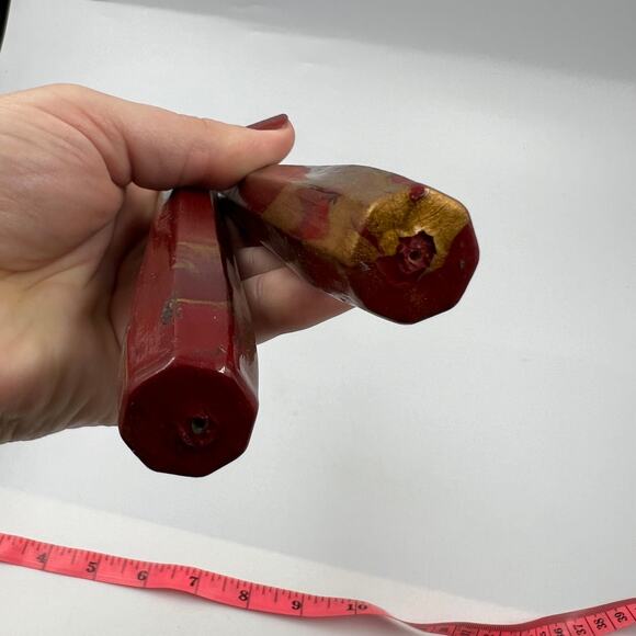 Vintage Carved Painted Glazed Wooden Painted Red Gold Decorative Candle Sticks - Picture 5 of 8